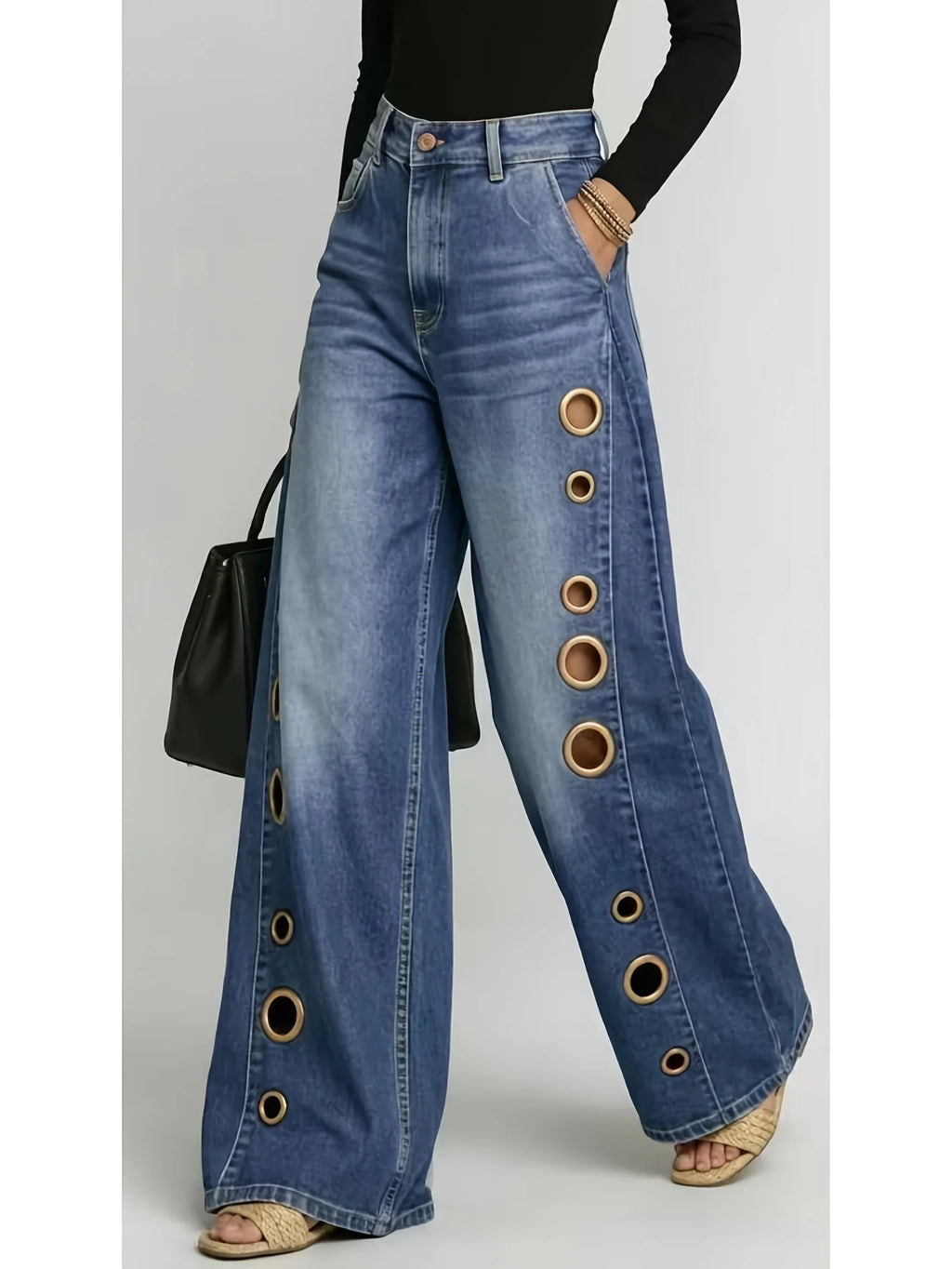 Retro High-Waist Wide-Leg Eyelet Jeans