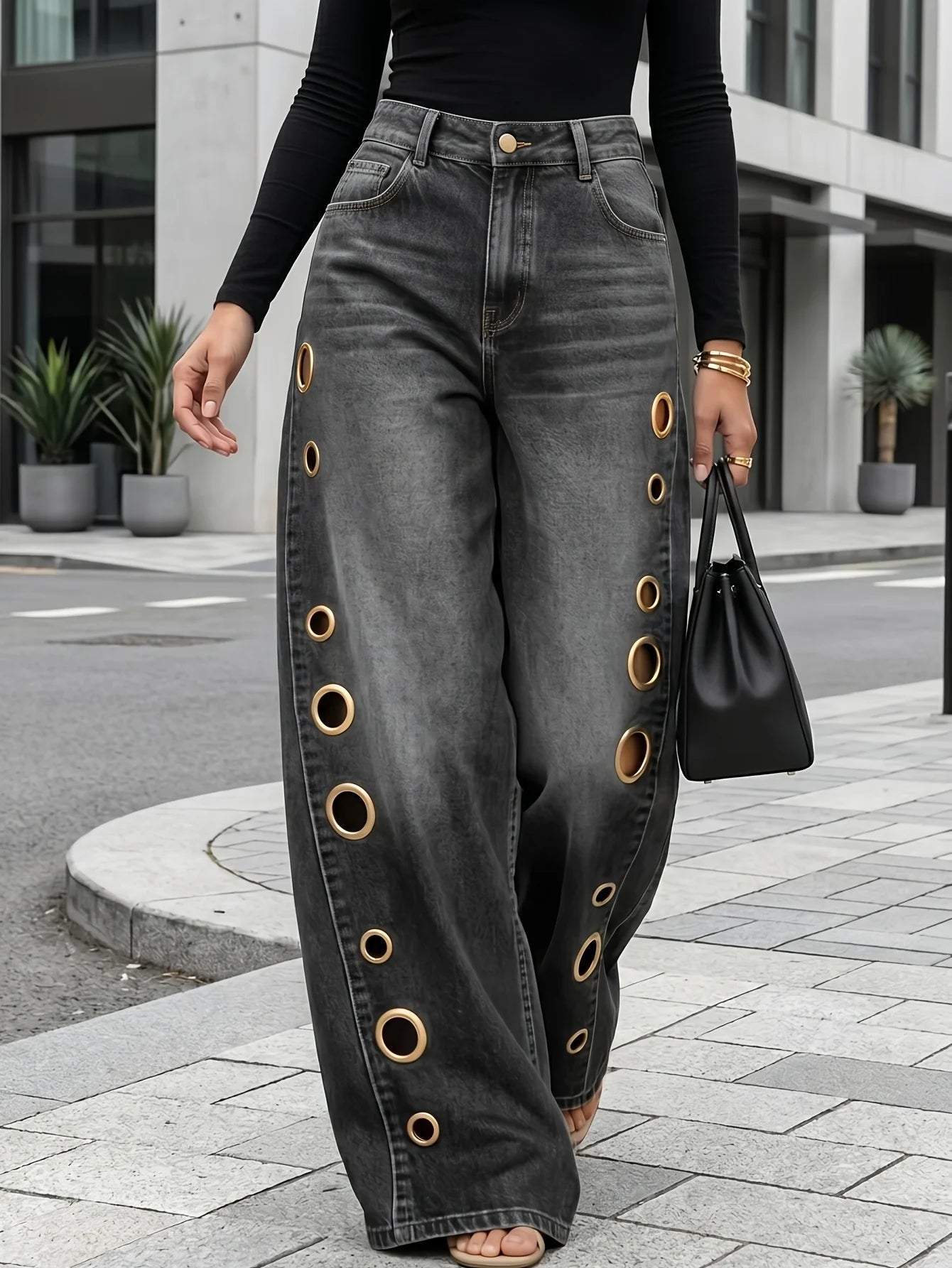 Retro High-Waist Wide-Leg Eyelet Jeans