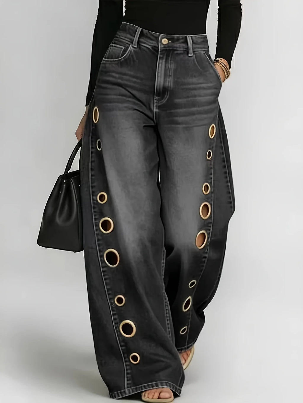 Retro High-Waist Wide-Leg Eyelet Jeans