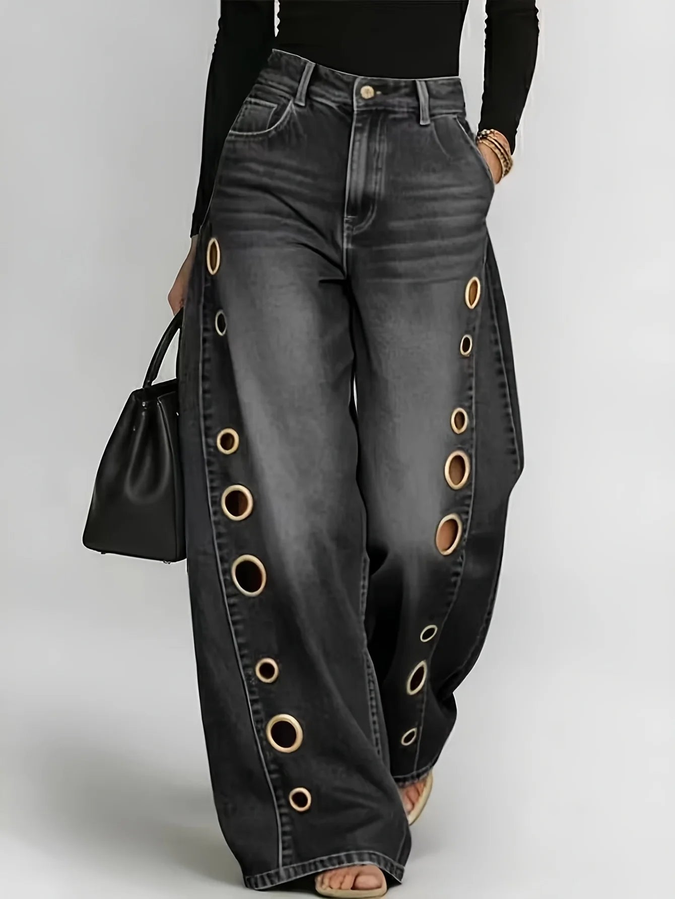 Retro High-Waist Wide-Leg Eyelet Jeans