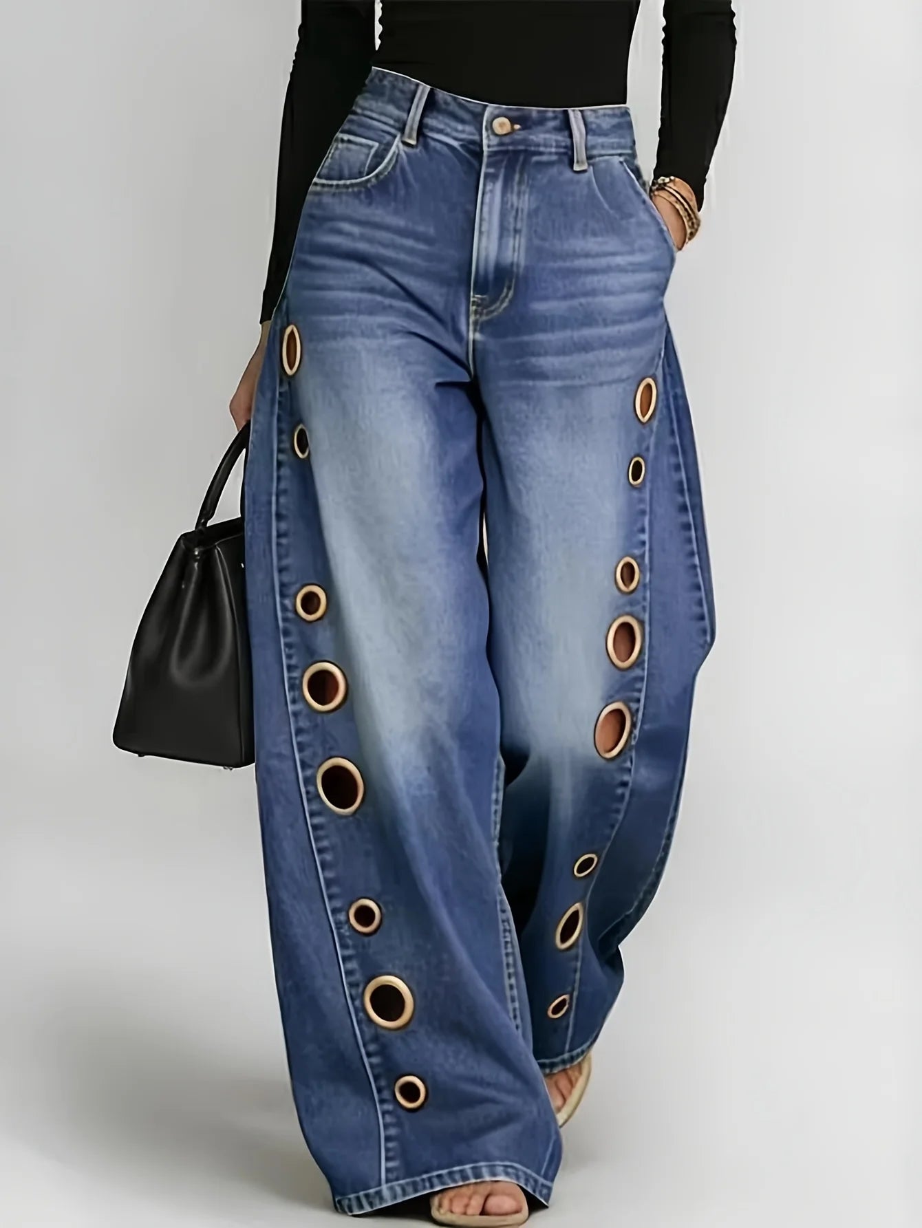 Retro High-Waist Wide-Leg Eyelet Jeans