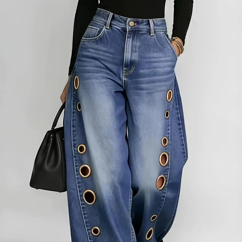 Retro High-Waist Wide-Leg Eyelet Jeans