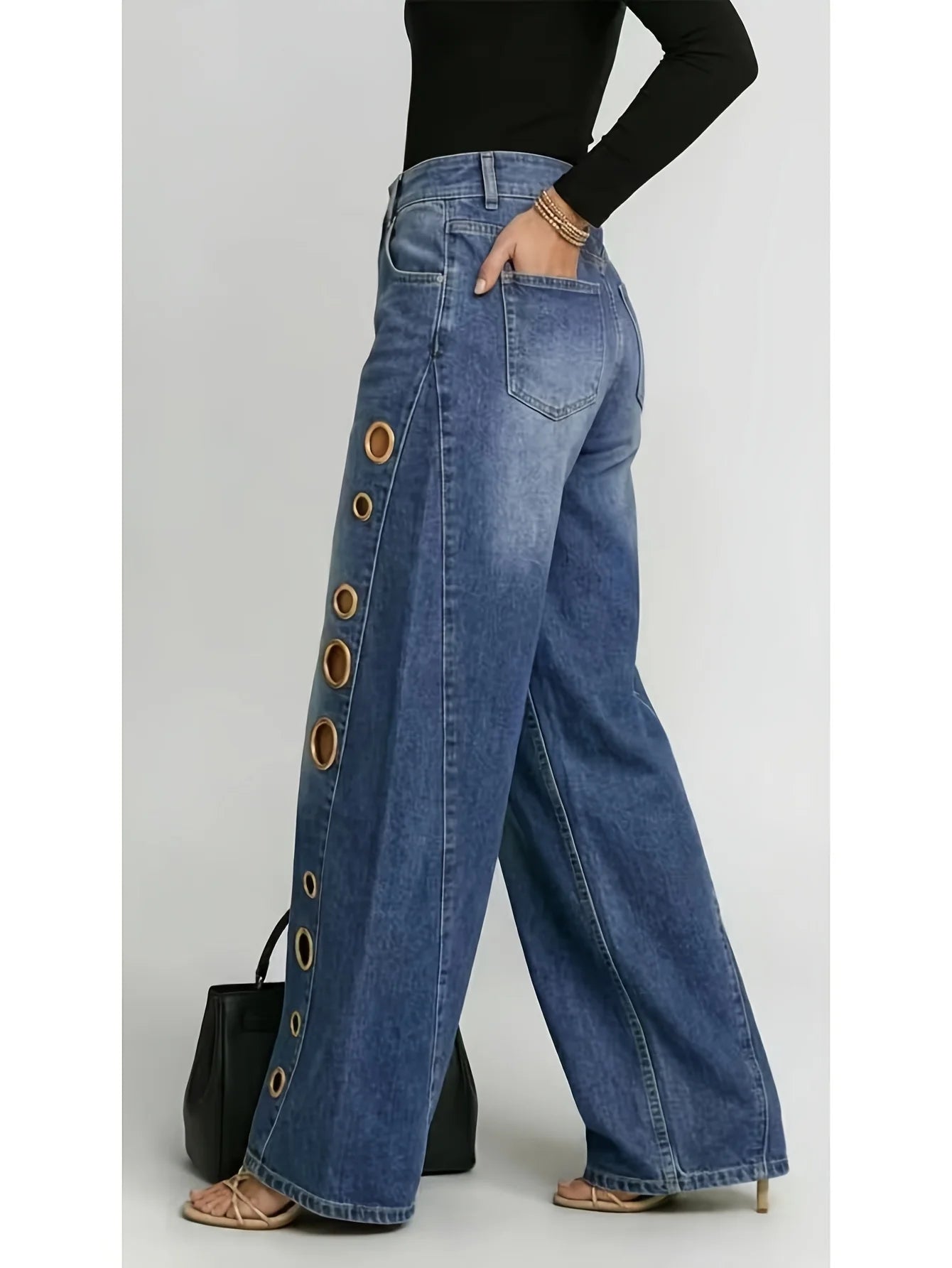 Retro High-Waist Wide-Leg Eyelet Jeans