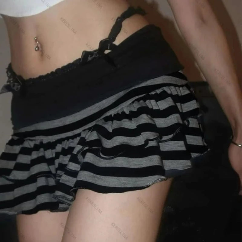 Striped Color-Block Y2K Tiered Mini Skirt