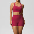Hamidou 2PCS Sports Gym Yoga Set Women Beautiful Back Cross Straps Sports Bra Female Sportswear Quick-Dry Nude Pockets Shorts