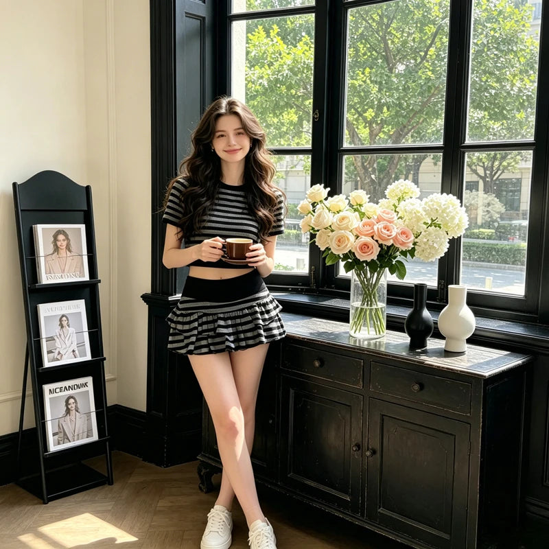 Striped Color-Block Y2K Tiered Mini Skirt