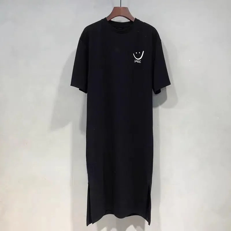 Smiley Print Side-Slit T-Shirt Dress
