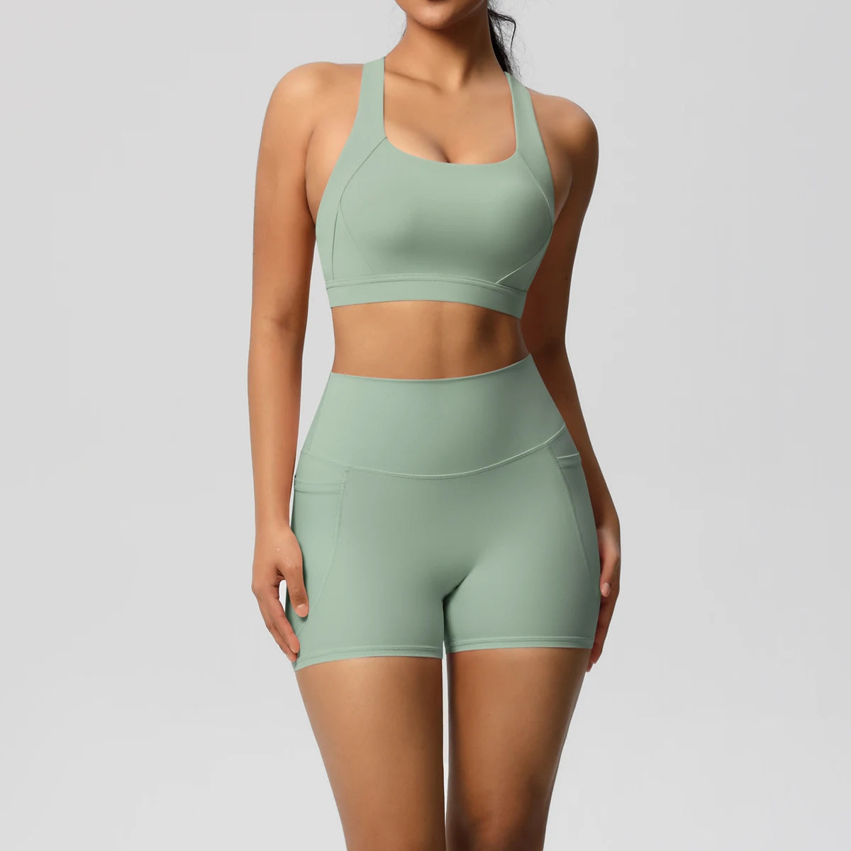 Hamidou 2PCS Sports Gym Yoga Set Women Beautiful Back Cross Straps Sports Bra Female Sportswear Quick-Dry Nude Pockets Shorts