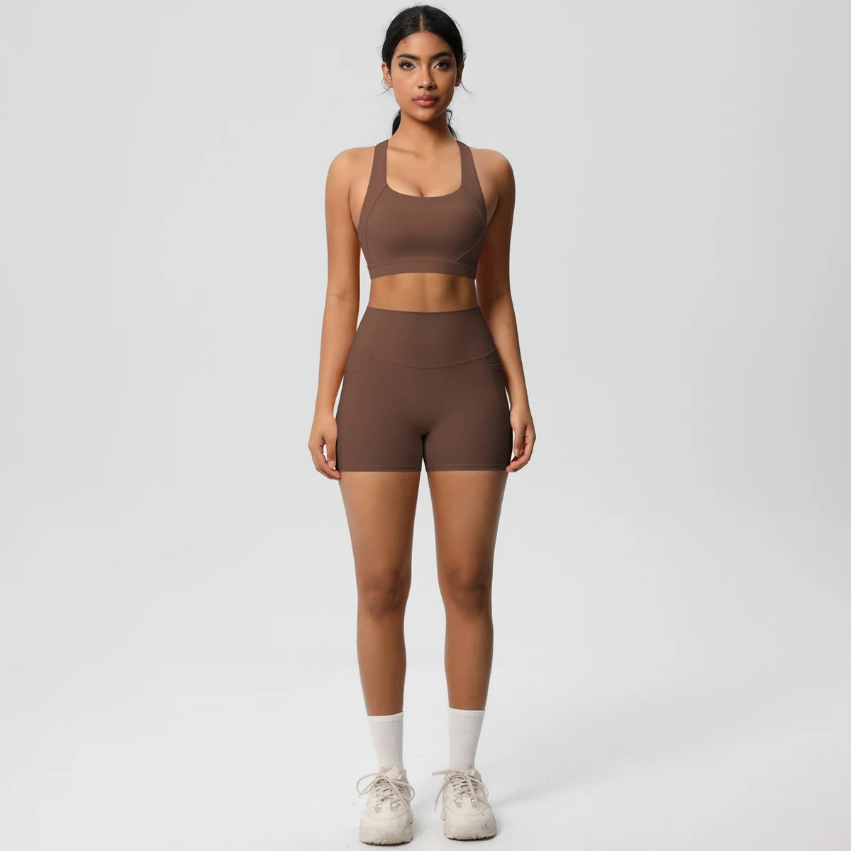 Hamidou 2PCS Sports Gym Yoga Set Women Beautiful Back Cross Straps Sports Bra Female Sportswear Quick-Dry Nude Pockets Shorts