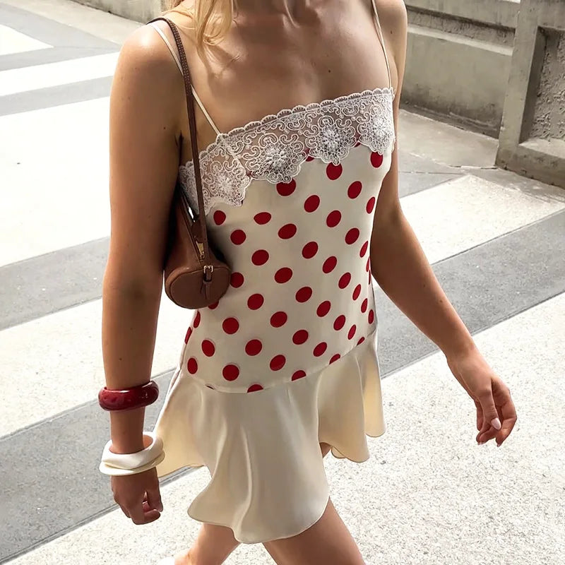Lace Polka Dot Backless Satin Cami Dress