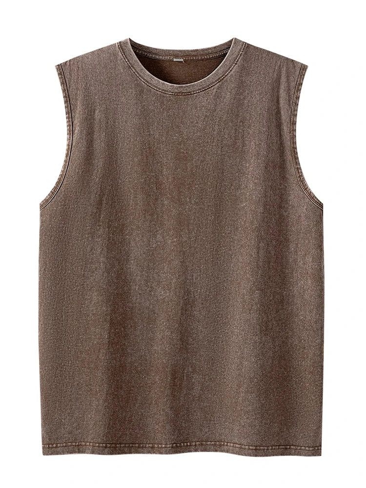 Summer Men's Washed Cotton Tank Tops Muscle Gym Sleeveless Workout T Shirts Running Beach Loose Cutoff Tees