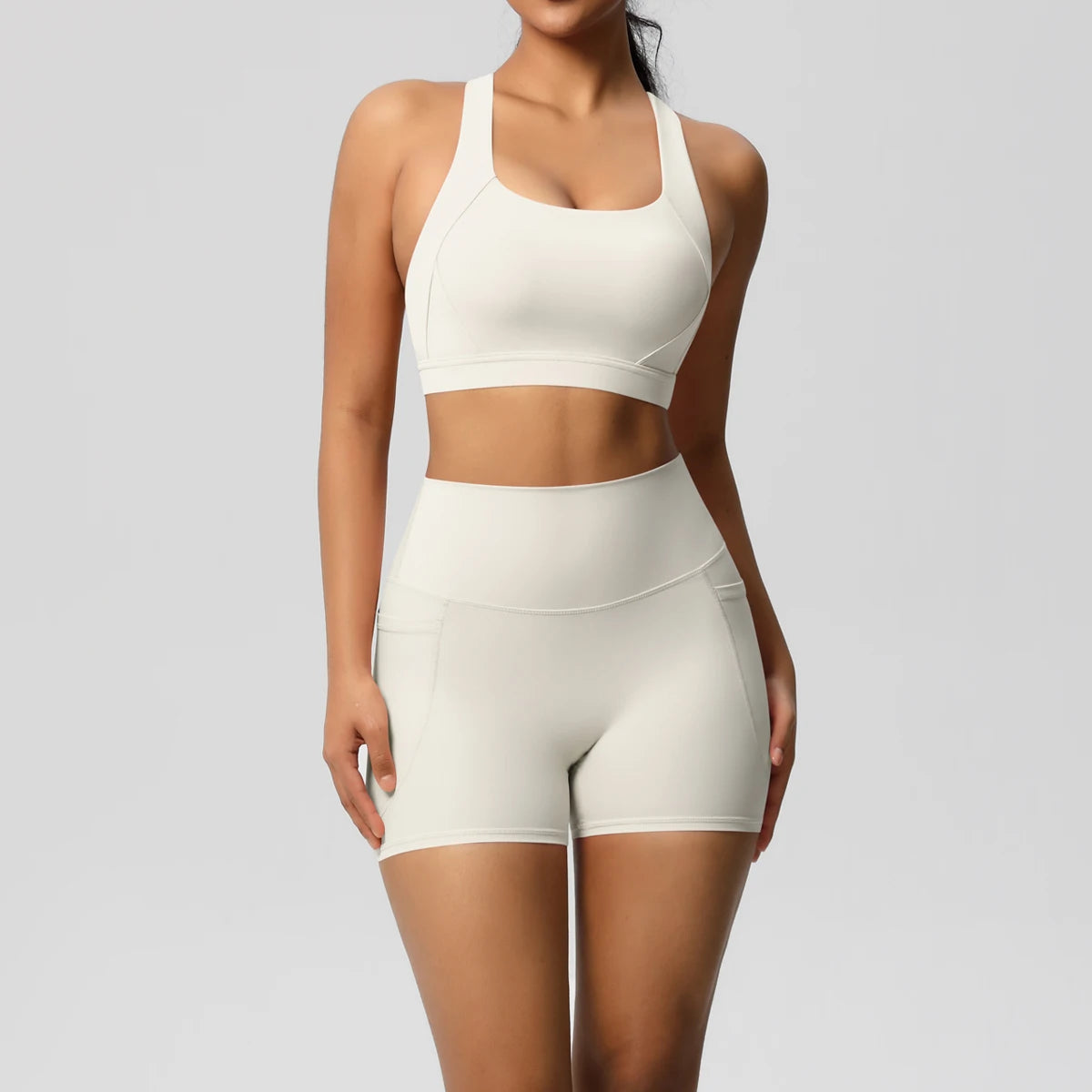 Hamidou 2PCS Sports Gym Yoga Set Women Beautiful Back Cross Straps Sports Bra Female Sportswear Quick-Dry Nude Pockets Shorts