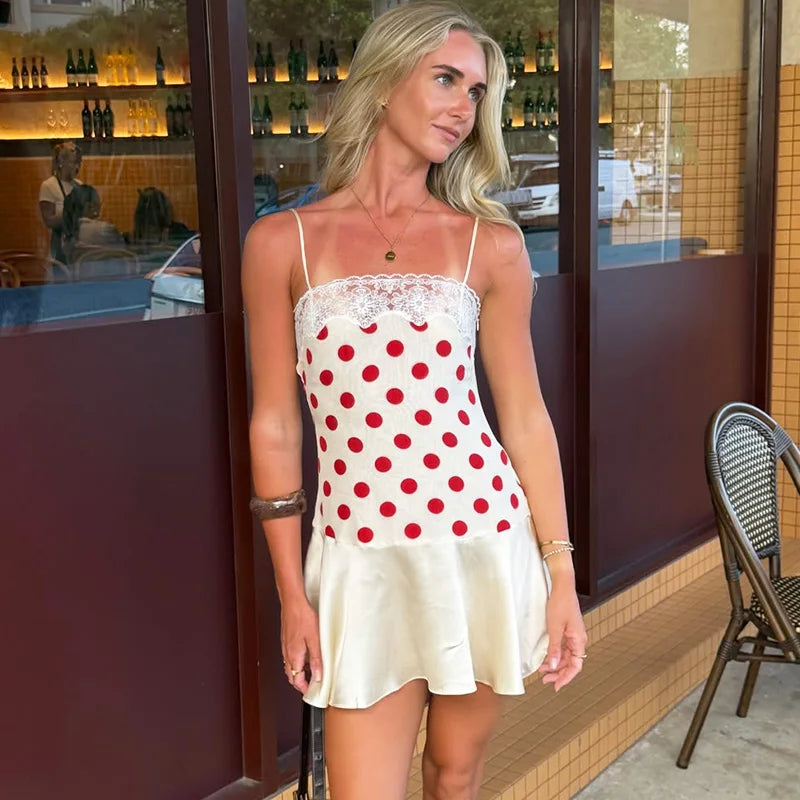 Lace Polka Dot Backless Satin Cami Dress