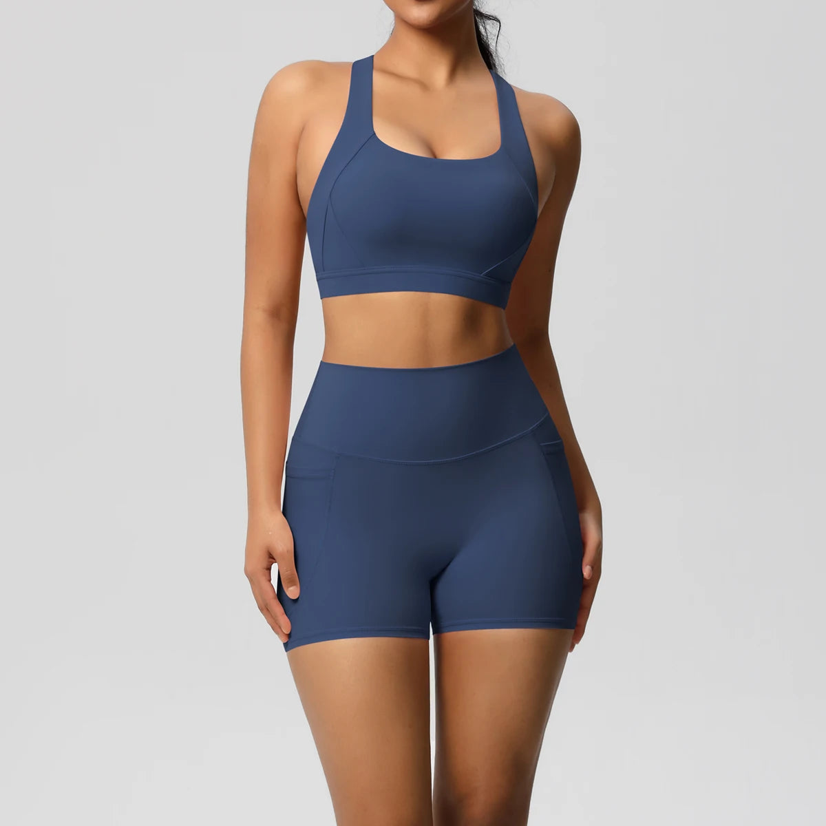 Hamidou 2PCS Sports Gym Yoga Set Women Beautiful Back Cross Straps Sports Bra Female Sportswear Quick-Dry Nude Pockets Shorts