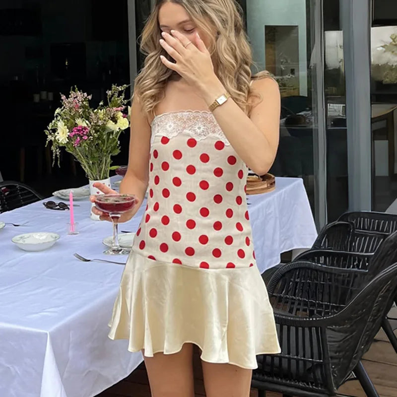Lace Polka Dot Backless Satin Cami Dress