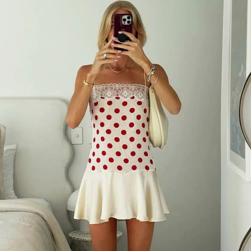 Lace Polka Dot Backless Satin Cami Dress