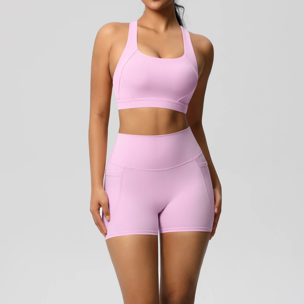 Hamidou 2PCS Sports Gym Yoga Set Women Beautiful Back Cross Straps Sports Bra Female Sportswear Quick-Dry Nude Pockets Shorts