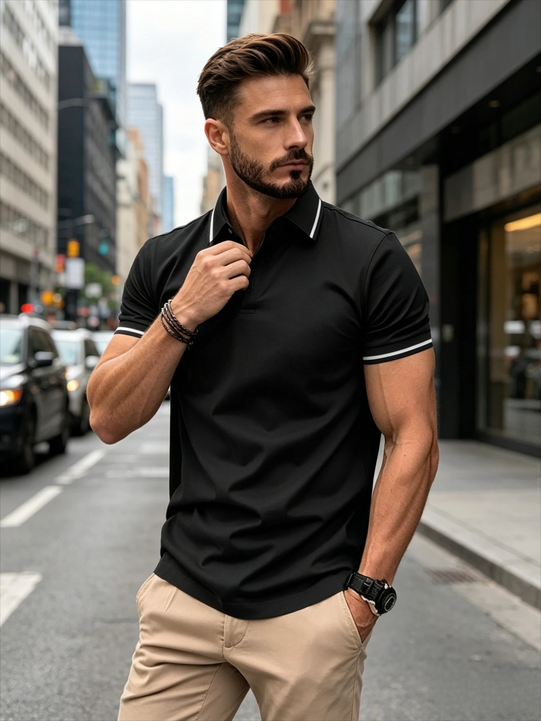 Ribbed Collar Sporty Polo Shirt