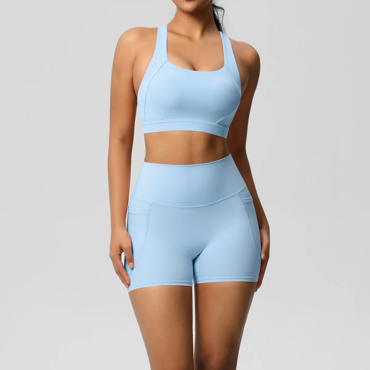 Hamidou 2PCS Sports Gym Yoga Set Women Beautiful Back Cross Straps Sports Bra Female Sportswear Quick-Dry Nude Pockets Shorts