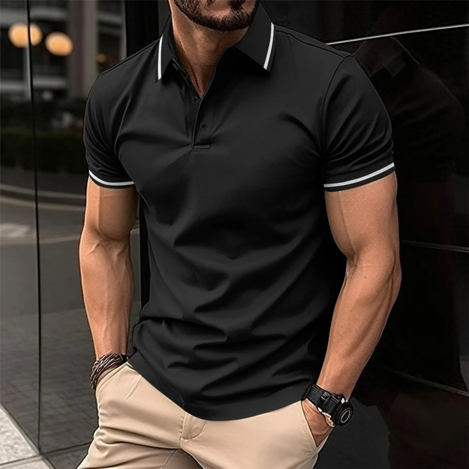 Ribbed Collar Sporty Polo Shirt