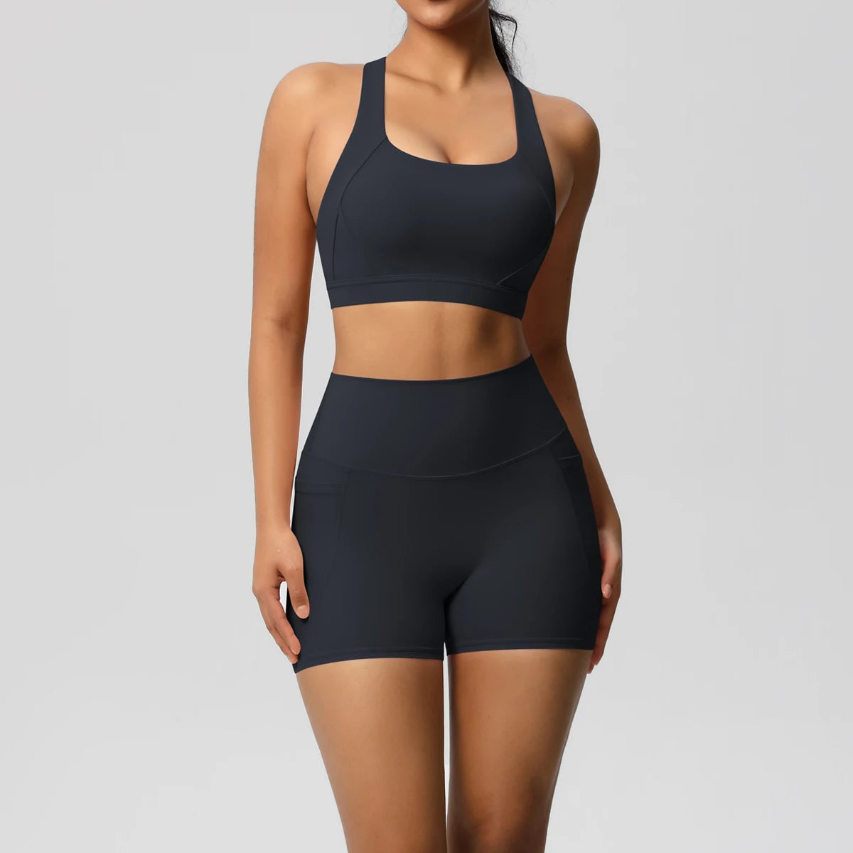 Hamidou 2PCS Sports Gym Yoga Set Women Beautiful Back Cross Straps Sports Bra Female Sportswear Quick-Dry Nude Pockets Shorts