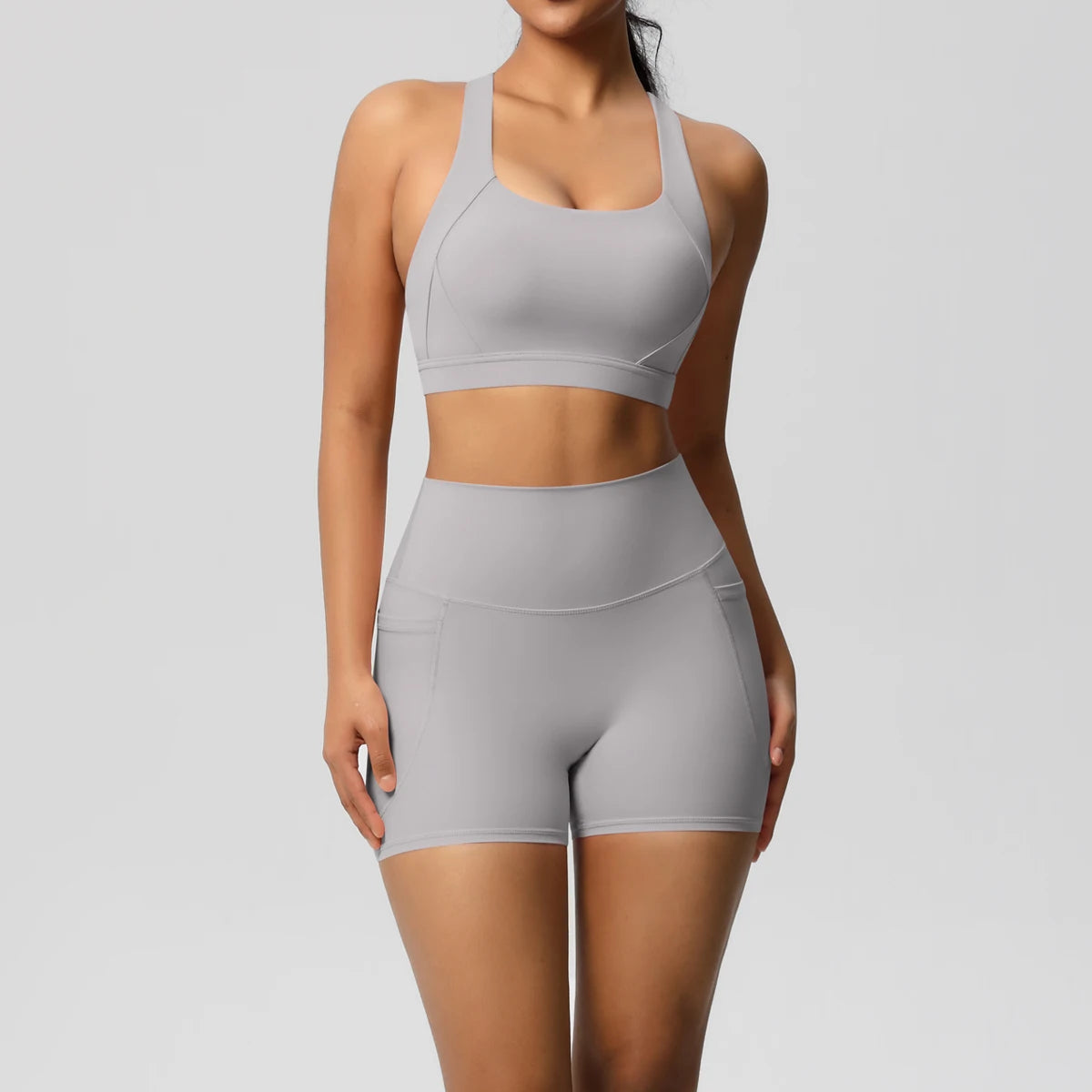 Hamidou 2PCS Sports Gym Yoga Set Women Beautiful Back Cross Straps Sports Bra Female Sportswear Quick-Dry Nude Pockets Shorts