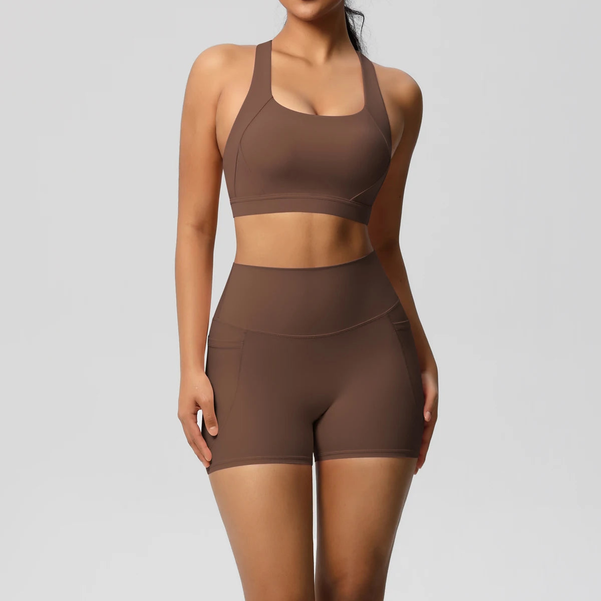 Hamidou 2PCS Sports Gym Yoga Set Women Beautiful Back Cross Straps Sports Bra Female Sportswear Quick-Dry Nude Pockets Shorts