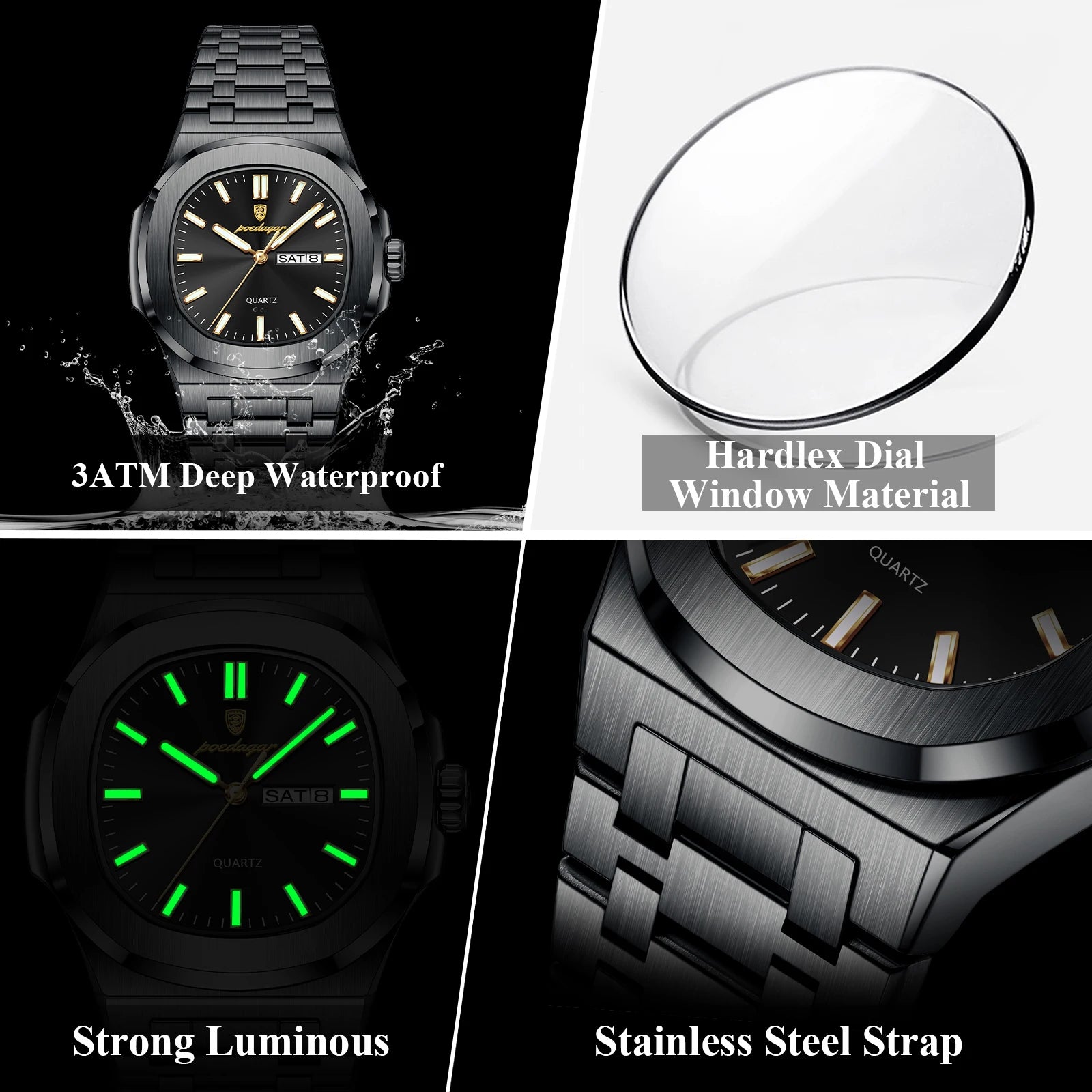Square Luminous Quartz Wristwatch