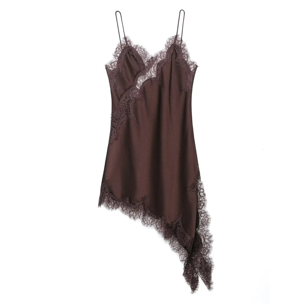 TFMLN Women Sexy Lace Splicing Dresses Summer Solid Sleeveless Asymmetry Dress Backless Slim Women's  Party Sling Mini Dress
