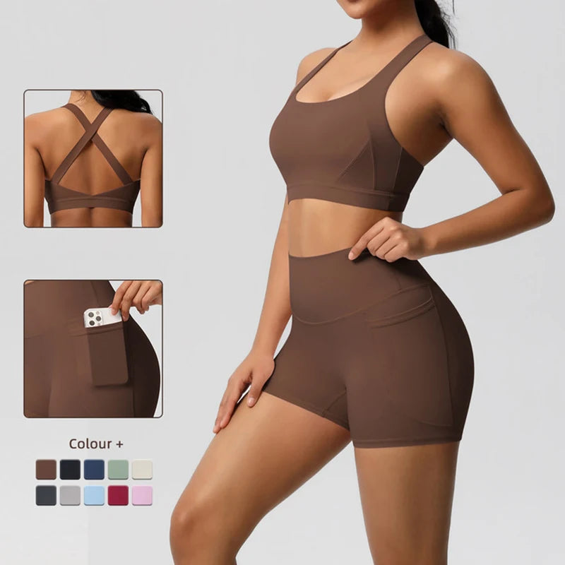 Hamidou 2PCS Sports Gym Yoga Set Women Beautiful Back Cross Straps Sports Bra Female Sportswear Quick-Dry Nude Pockets Shorts